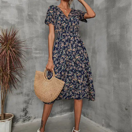 Vestido de manga corta con estampado floral, cuello en V, elegante, informal, para vacaciones, novedad de verano 