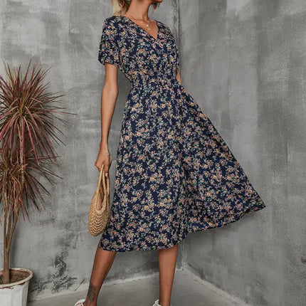Vestido de manga corta con estampado floral, cuello en V, elegante, informal, para vacaciones, novedad de verano 