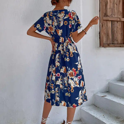 Vestido de manga corta con estampado floral, cuello en V, elegante, informal, para vacaciones, novedad de verano 