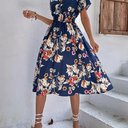 Vestido de manga corta con estampado floral, cuello en V, elegante, informal, para vacaciones, novedad de verano 