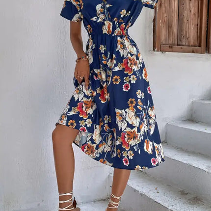 Vestido de manga corta con estampado floral, cuello en V, elegante, informal, para vacaciones, novedad de verano 