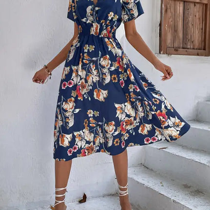 Vestido de manga corta con estampado floral, cuello en V, elegante, informal, para vacaciones, novedad de verano 
