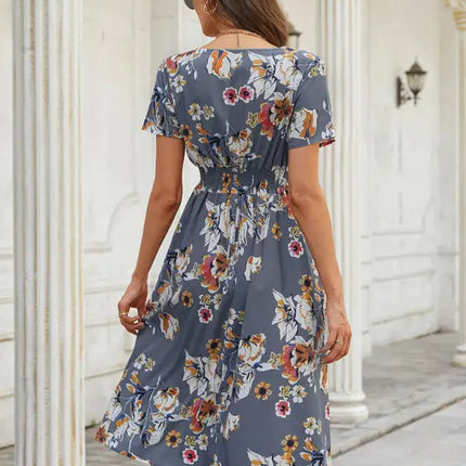 Vestido de manga corta con estampado floral, cuello en V, elegante, informal, para vacaciones, novedad de verano 