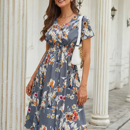 Vestido de manga corta con estampado floral, cuello en V, elegante, informal, para vacaciones, novedad de verano 