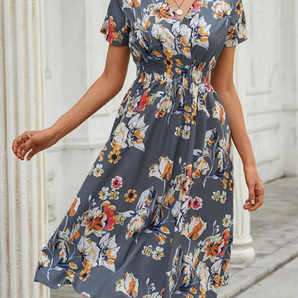 Vestido de manga corta con estampado floral, cuello en V, elegante, informal, para vacaciones, novedad de verano 