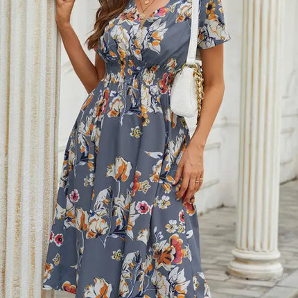 Vestido de manga corta con estampado floral, cuello en V, elegante, informal, para vacaciones, novedad de verano 