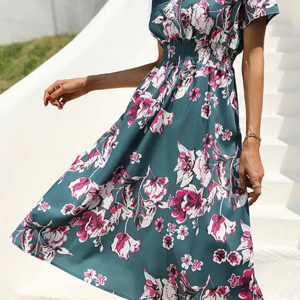 Vestido de manga corta con estampado floral, cuello en V, elegante, informal, para vacaciones, novedad de verano 