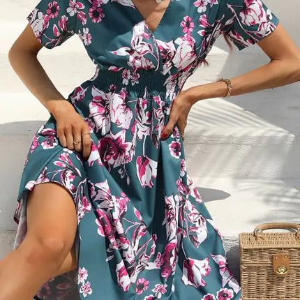Vestido de manga corta con estampado floral, cuello en V, elegante, informal, para vacaciones, novedad de verano 