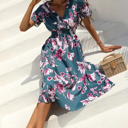 Vestido de manga corta con estampado floral, cuello en V, elegante, informal, para vacaciones, novedad de verano 