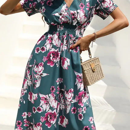Vestido de manga corta con estampado floral, cuello en V, elegante, informal, para vacaciones, novedad de verano 