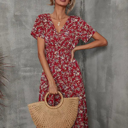 Vestido de manga corta con estampado floral, cuello en V, elegante, informal, para vacaciones, novedad de verano 