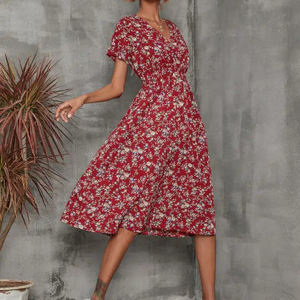 Vestido de manga corta con estampado floral, cuello en V, elegante, informal, para vacaciones, novedad de verano 