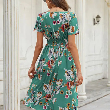 Vestido de manga corta con estampado floral, cuello en V, elegante, informal, para vacaciones, novedad de verano 