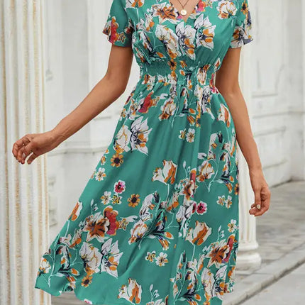 Vestido de manga corta con estampado floral, cuello en V, elegante, informal, para vacaciones, novedad de verano 