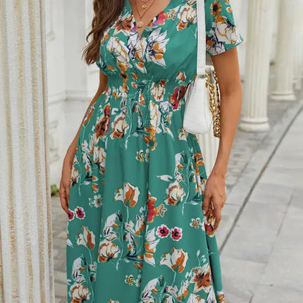 Vestido de manga corta con estampado floral, cuello en V, elegante, informal, para vacaciones, novedad de verano 