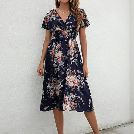 Vestido de manga corta con estampado floral, cuello en V, elegante, informal, para vacaciones, novedad de verano 
