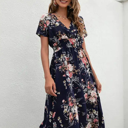 Vestido de manga corta con estampado floral, cuello en V, elegante, informal, para vacaciones, novedad de verano 