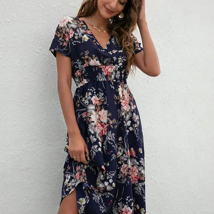 Vestido de manga corta con estampado floral, cuello en V, elegante, informal, para vacaciones, novedad de verano 