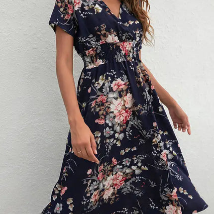Vestido de manga corta con estampado floral, cuello en V, elegante, informal, para vacaciones, novedad de verano 