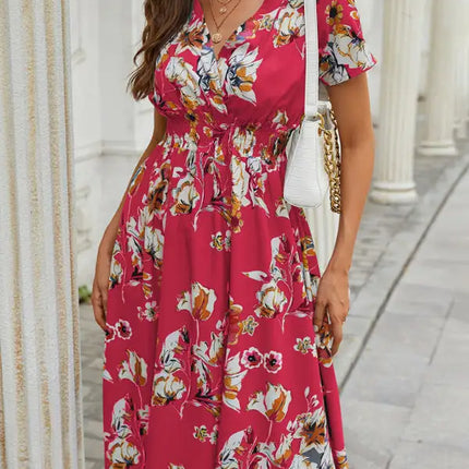 Vestido de manga corta con estampado floral, cuello en V, elegante, informal, para vacaciones, novedad de verano 