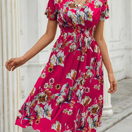 Vestido de manga corta con estampado floral, cuello en V, elegante, informal, para vacaciones, novedad de verano 