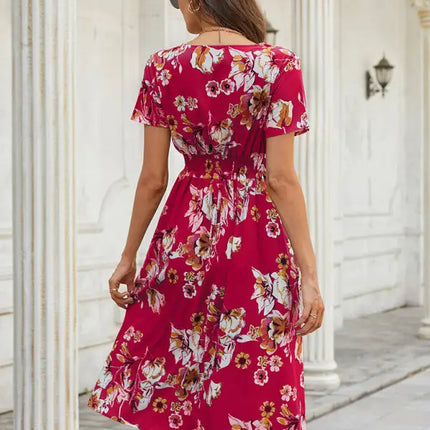 Vestido de manga corta con estampado floral, cuello en V, elegante, informal, para vacaciones, novedad de verano 