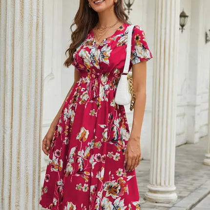 Vestido de manga corta con estampado floral, cuello en V, elegante, informal, para vacaciones, novedad de verano 