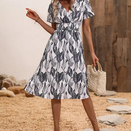 Vestido de manga corta con estampado floral, cuello en V, elegante, informal, para vacaciones, novedad de verano 