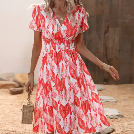 Vestido de manga corta con estampado floral, cuello en V, elegante, informal, para vacaciones, novedad de verano 