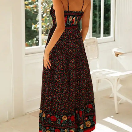 Novedad de verano, vestido floral con tirantes y cuello en V bohemio, falda con vuelo grande 