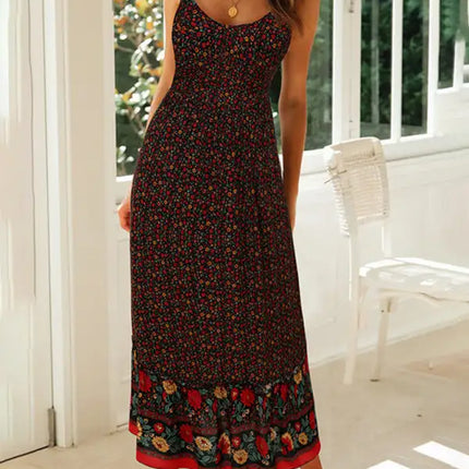 Novedad de verano, vestido floral con tirantes y cuello en V bohemio, falda con vuelo grande 