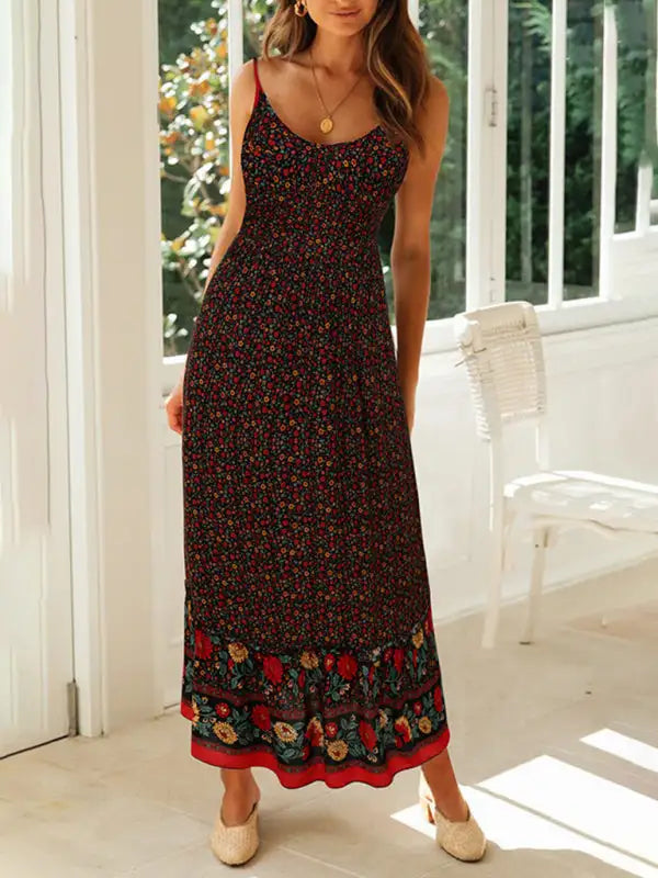 Novedad de verano, vestido floral con tirantes y cuello en V bohemio, falda con vuelo grande 