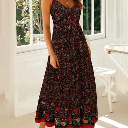 Novedad de verano, vestido floral con tirantes y cuello en V bohemio, falda con vuelo grande 