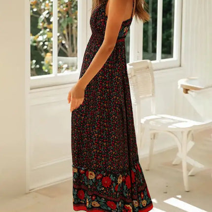 Novedad de verano, vestido floral con tirantes y cuello en V bohemio, falda con vuelo grande 
