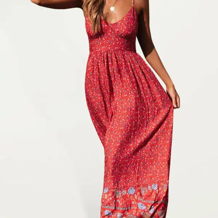 Novedad de verano, vestido floral con tirantes y cuello en V bohemio, falda con vuelo grande 