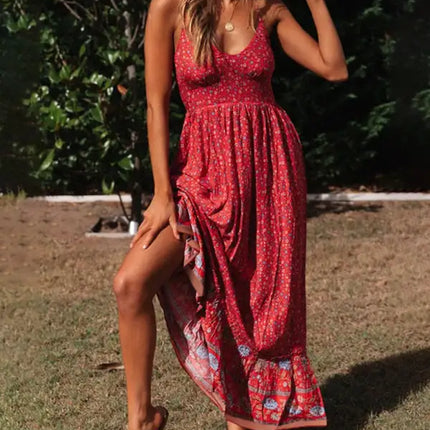 Novedad de verano, vestido floral con tirantes y cuello en V bohemio, falda con vuelo grande 