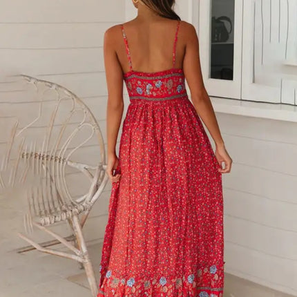 Novedad de verano, vestido floral con tirantes y cuello en V bohemio, falda con vuelo grande 