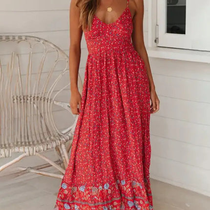 Novedad de verano, vestido floral con tirantes y cuello en V bohemio, falda con vuelo grande 
