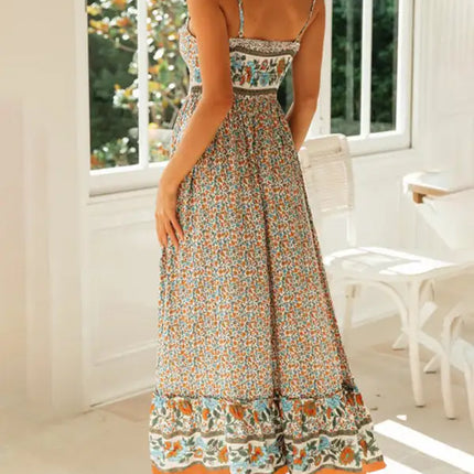 Novedad de verano, vestido floral con tirantes y cuello en V bohemio, falda con vuelo grande 