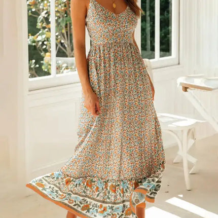 Novedad de verano, vestido floral con tirantes y cuello en V bohemio, falda con vuelo grande 