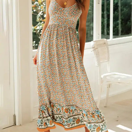 Novedad de verano, vestido floral con tirantes y cuello en V bohemio, falda con vuelo grande 