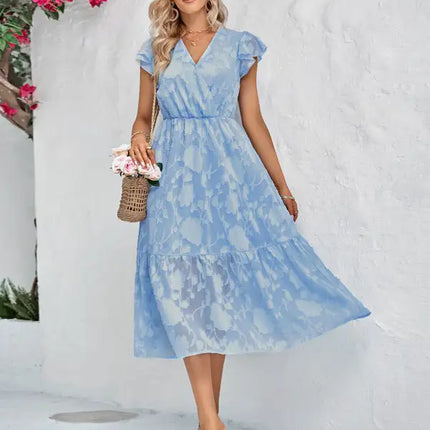 Women's Solid Color Elegance Floral Flutter Sleeves Midi Faux Wrap Dress