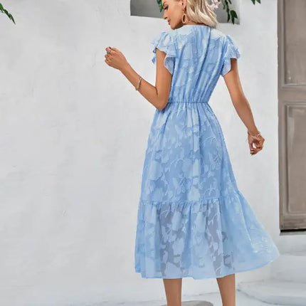 Women's Solid Color Elegance Floral Flutter Sleeves Midi Faux Wrap Dress