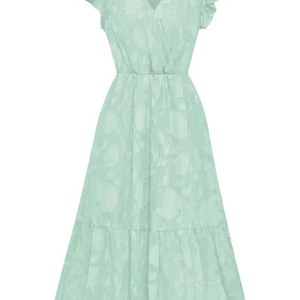 Women's Solid Color Elegance Floral Flutter Sleeves Midi Faux Wrap Dress