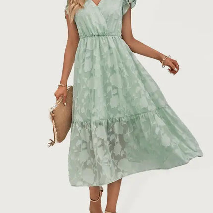 Women's Solid Color Elegance Floral Flutter Sleeves Midi Faux Wrap Dress