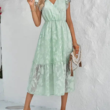 Women's Solid Color Elegance Floral Flutter Sleeves Midi Faux Wrap Dress