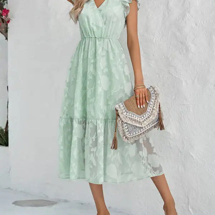 Women's Solid Color Elegance Floral Flutter Sleeves Midi Faux Wrap Dress