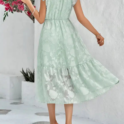 Women's Solid Color Elegance Floral Flutter Sleeves Midi Faux Wrap Dress