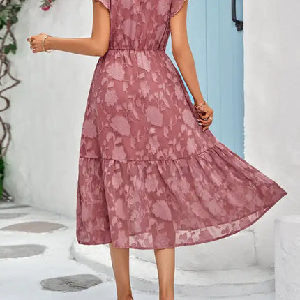 Women's Solid Color Elegance Floral Flutter Sleeves Midi Faux Wrap Dress