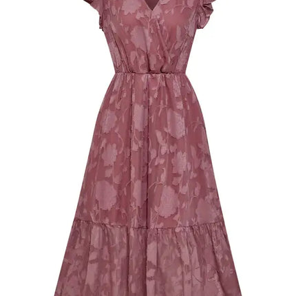 Women's Solid Color Elegance Floral Flutter Sleeves Midi Faux Wrap Dress